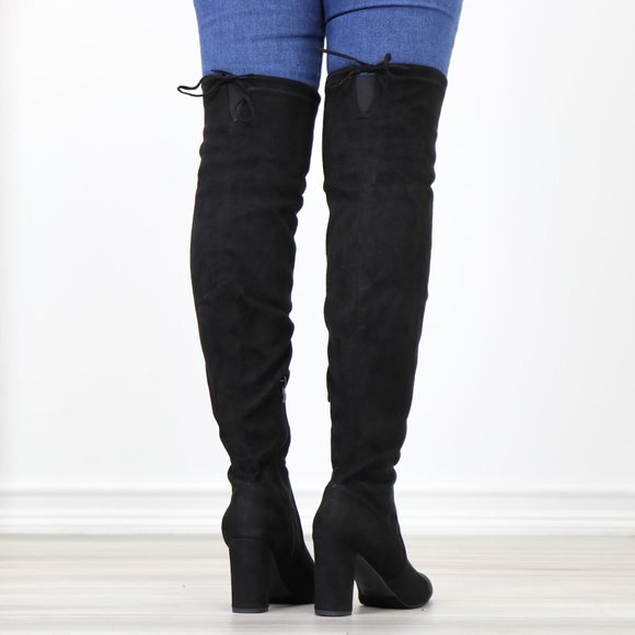 Pointy Toe Black Faux Suede Thigh High Over The Knee Block High Heel Boots - Picture 8 of 15